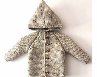 NEW!! Hand Knitted unisex kids %100 wool hoodie cardigan/Jacket, Chunky, Duffel Coat, Long Raglan Sleeves, Natural Tweed color