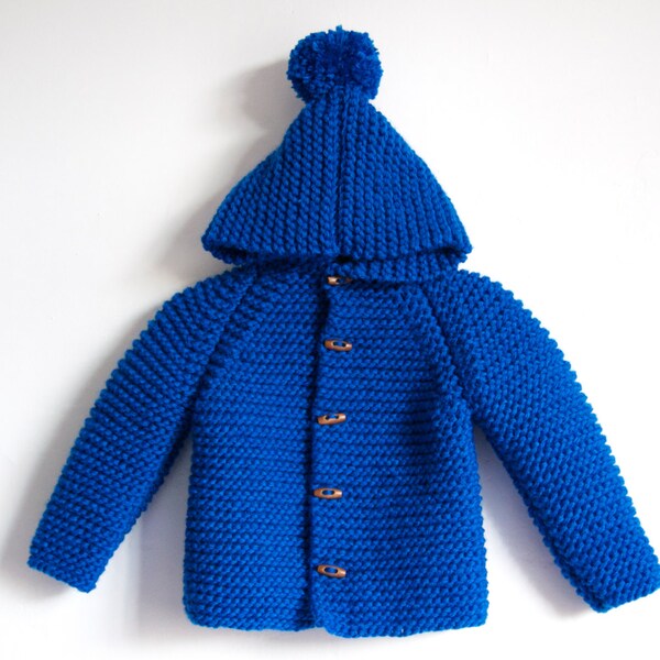 Hand Knitted Baby Wool Hoodie Cardigan/Jacket, Chunky, Duffel Coat, Raglan with Pom Pom