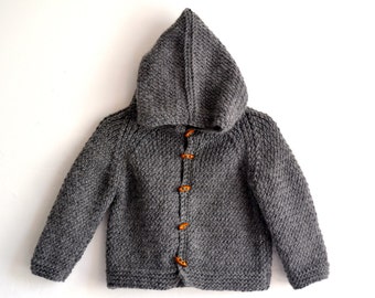 Hand Knitted unisex kids, baby, toddler Wool Alpaca Hoodie Cardigan, Jacket, Chunky, Duffel Coat