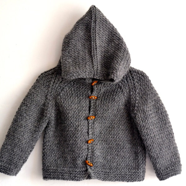 Hand Knitted unisex kids, baby, toddler Wool Alpaca Hoodie Cardigan, Jacket, Chunky, Duffel Coat