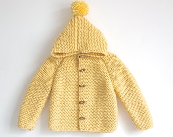 Hand Knitted Baby Wool Hoodie Cardigan/Jacket, Chunky, Duffel Coat, Raglan with Pom Pom