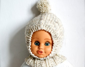 Hand Knitted %100 Wool Balaclava Hat, Baby/ Toddler/ Children Hoodie hat with Neck warmer, Chunky, Helmet Hat with Pom Pom