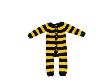 Hand Knitted Bumble Bee Baby Romper Costume, %100 Wool