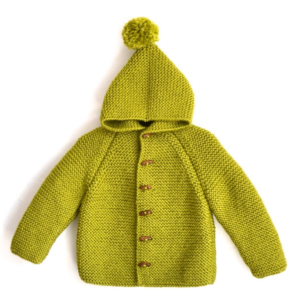 Hand Knitted baby/toddler hoodie cardigan/jacket, chunky, duffel coat, raglan pom pom, boy girl, lots of colors