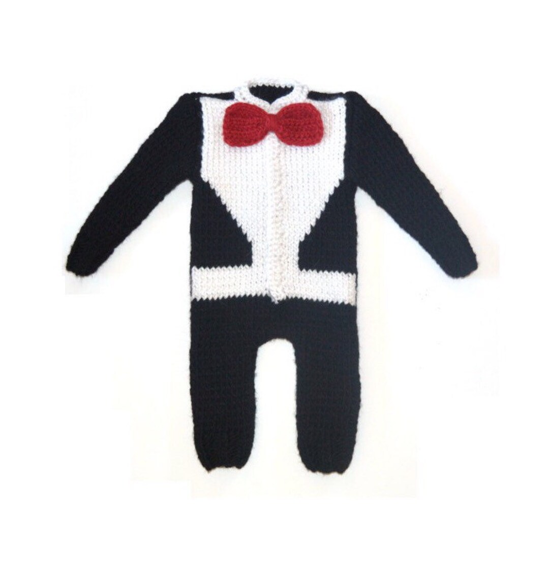 Hand Knitted Wool Baby Boy Tuxedo Romper With Red Bowtie Etsy