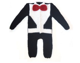 Hand Knitted Wool Baby Boy Tuxedo Romper with Red Bow-tie, %100 Wool, Chunky