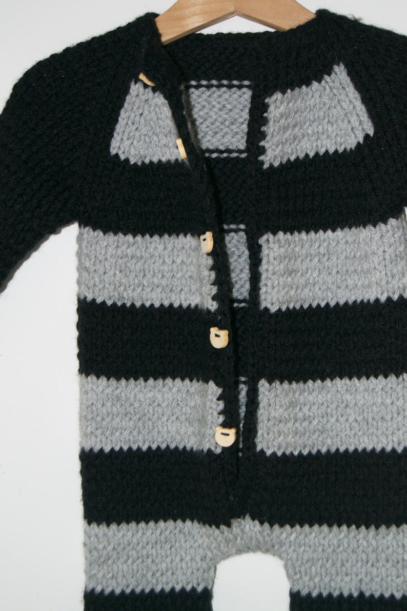 Hand Knitted Wool Baby Boy Romper Bodysuit Black and Gray Striped