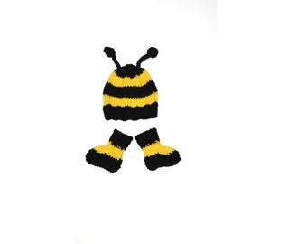 Hand Knitted Bumble Bee Baby Costume Set, Hat and Socks for Photography or Photo Shoot