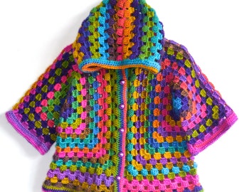 Afghan Crochet Girl Wool Hoodie Cardigan, Colorful, Baby/Toddler Girl, three-quarter sleeve