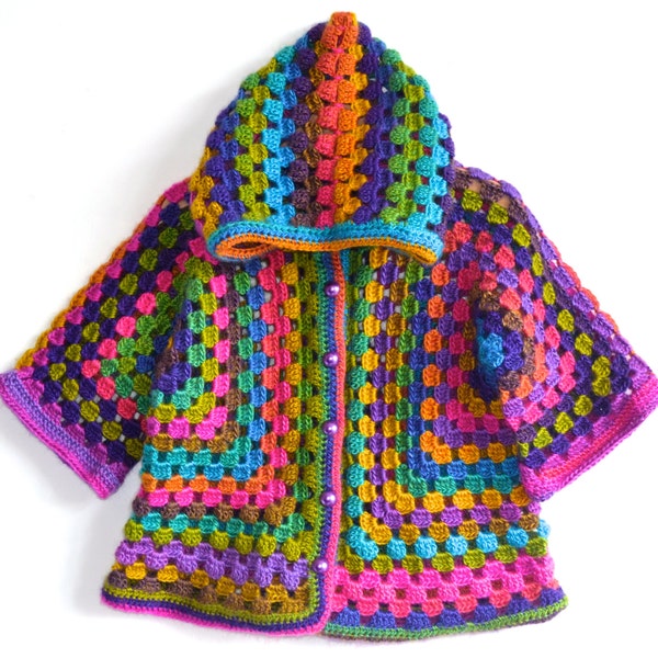 Afghan Crochet Girl Wool Hoodie Cardigan, Colorful, Baby/Toddler Girl, three-quarter sleeve