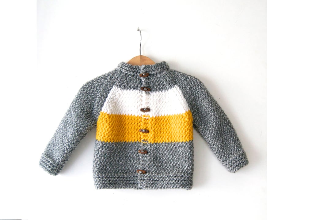 Hand Knitted Wool Baby/toddler Boy Cardigan, Coat, Jacket, Chunky, Gray