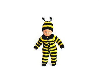 Hand Knitted Baby Bumble Bee Costume, Wool Romper, Hat and Socks