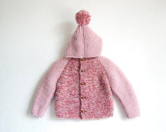 Hand Knitted Baby Girl Wool-Boucle Hoodie Cardigan/Jacket, Chunky, Duffel Coat, Pink and blended shades of Pink with Pom Pom