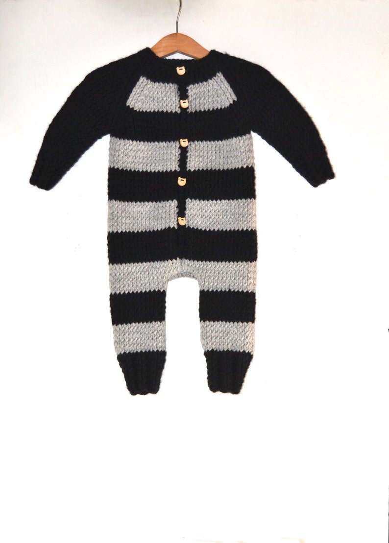 Hand Knitted Wool Baby Boy Romper Bodysuit Black and Gray Striped