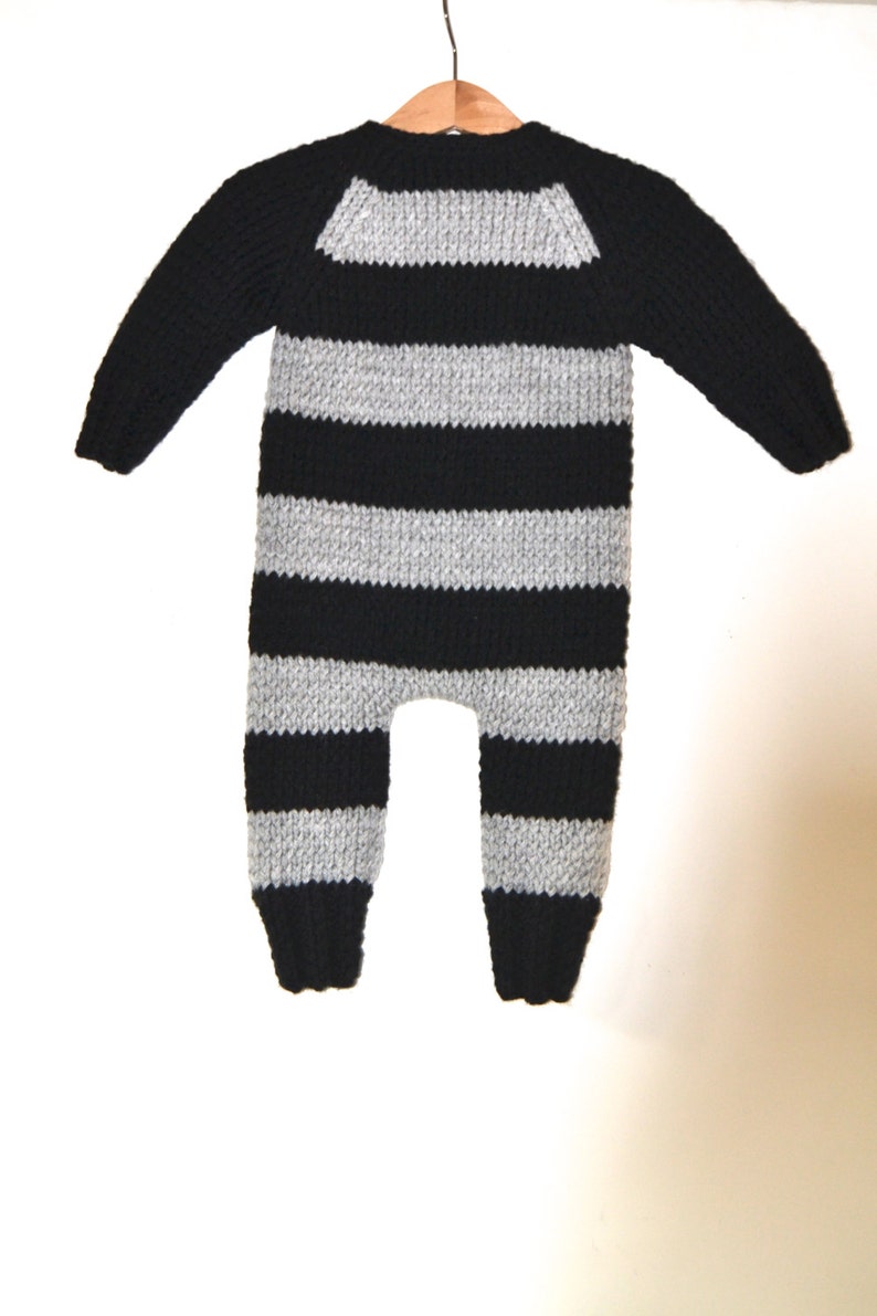 Hand Knitted Wool Baby Boy Romper Bodysuit Black and Gray Striped