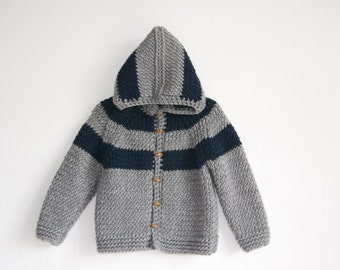 Hand Knitted Baby Boy Wool-Alpaca Hoodie Cardigan, Jacket,Chunky, Duffel Coat, Light Gray and Navy Blue Striped
