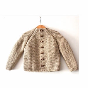 Hand Knitted unisex kids wool hoodless cardigan/Jacket, Chunky, Duffel Coat, Raglan sleeves