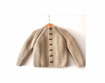 Hand Knitted unisex kids wool hoodless cardigan/Jacket, Chunky, Duffel Coat, Raglan sleeves