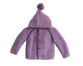 Hand Knitted Baby Wool Hoodie Cardigan/Jacket, Chunky, Duffel Coat, Raglan with Pom Pom