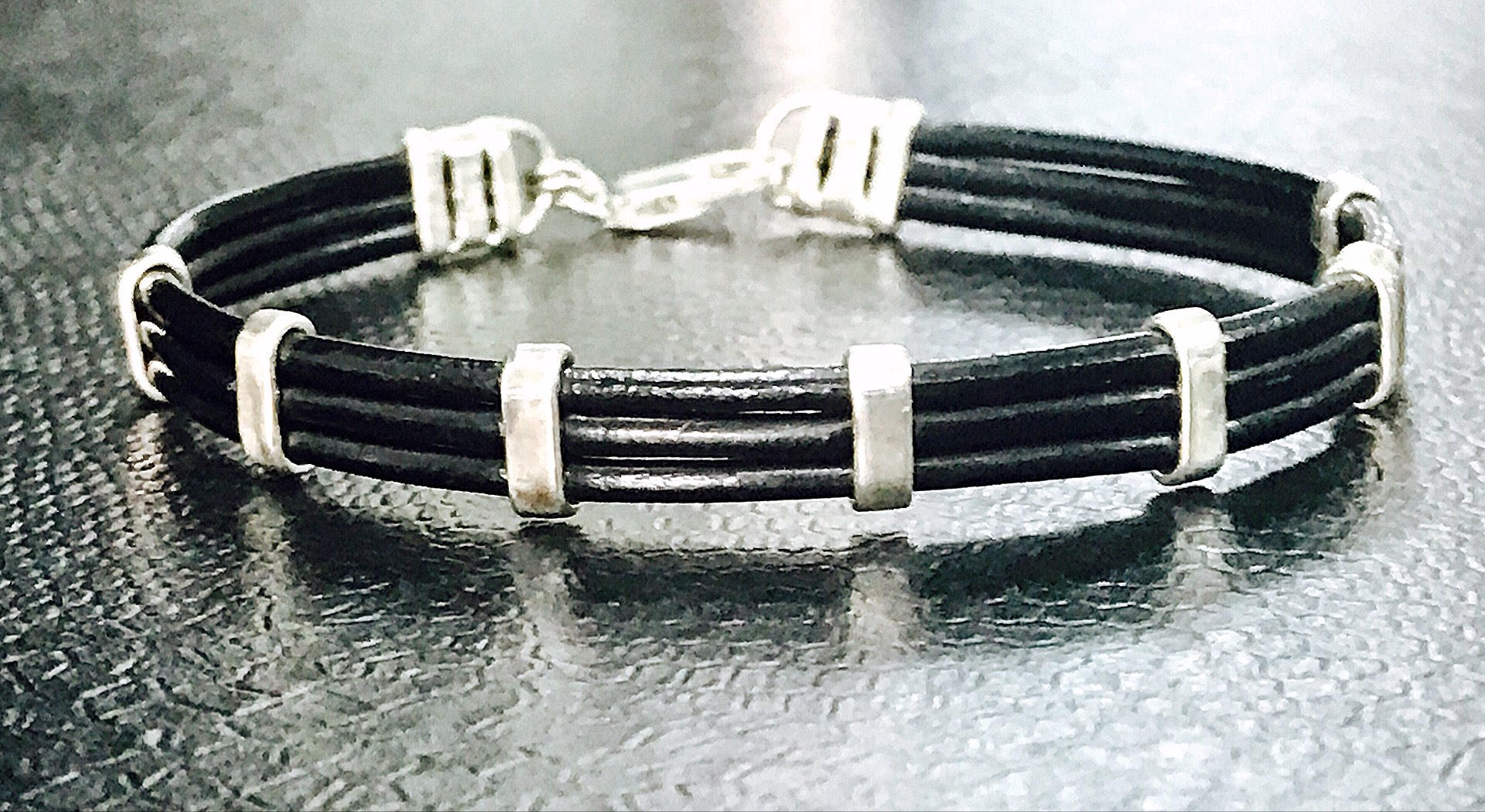 Black leather bracelet for women silver 925 Etsy