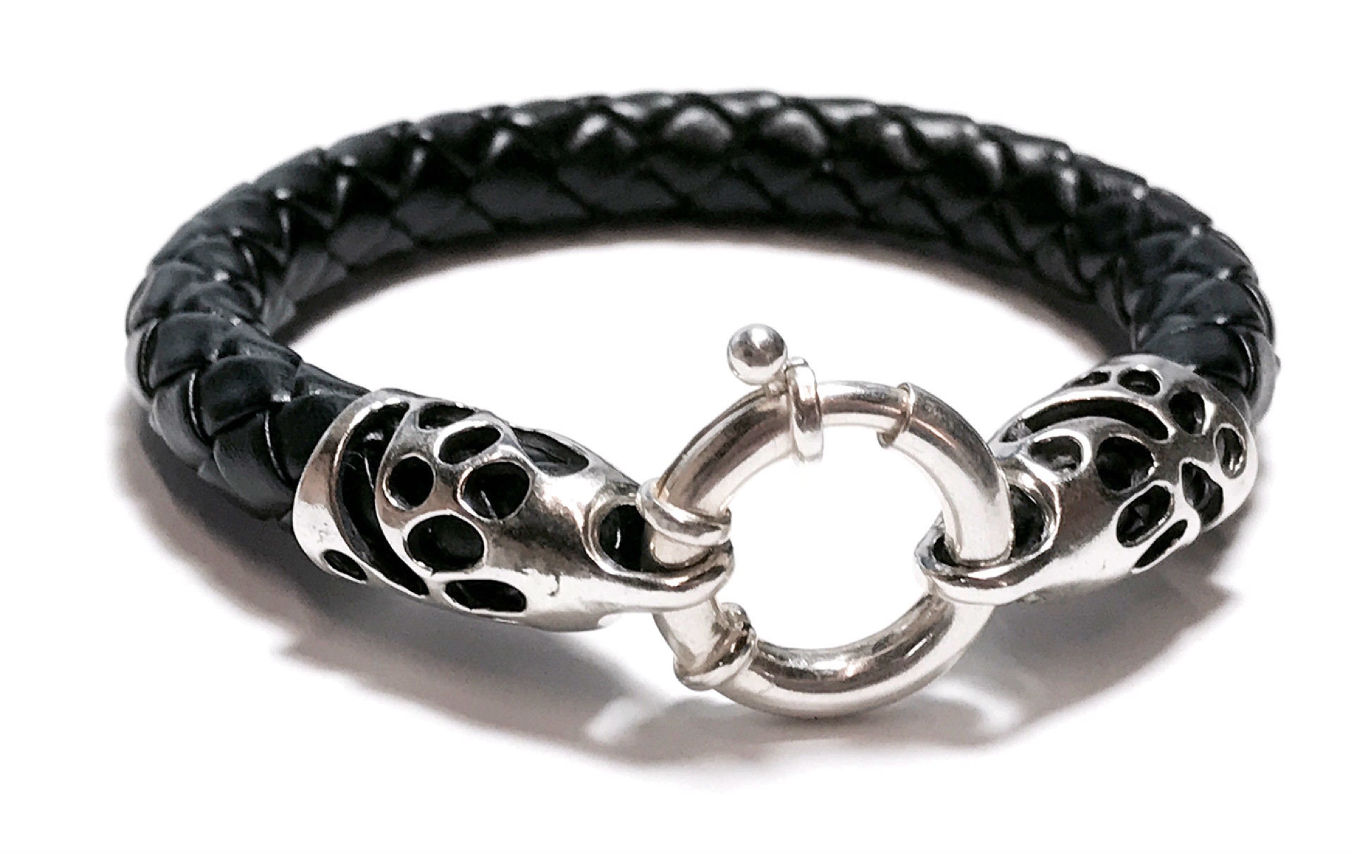 Black leather bracelet for women silver 925 Etsy