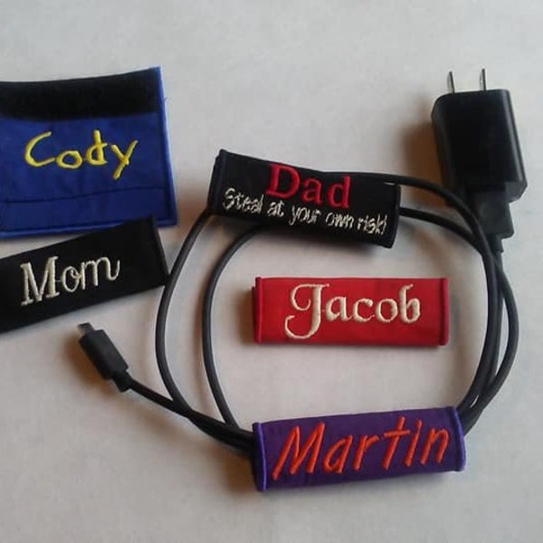 Cell Phone Charger Labels Custom Embroidered Charger Tags Monogrammed Tag Phone cord Label Cord Organizer