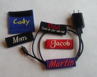 Cell Phone Charger Labels Custom Embroidered Charger Tags Monogrammed Tag Phone cord Label Cord Organizer