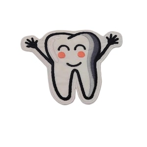 May include: A white cartoon tooth with black outlines and a happy face. The tooth has pink cheeks and is waving with its arms.