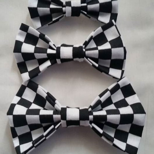 Racing Bowties Clip On Bow Ties 3 Sizes Mens Young Men and Infant Checkered Race Fabric