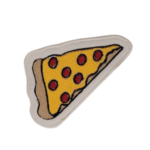 May include: A yellow and brown embroidered iron-on patch of a pizza slice with red pepperoni.