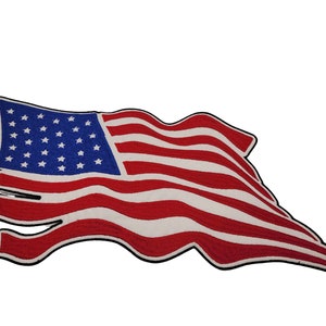 May include: A red, white, and blue American flag patch with a black outline. The flag is waving in the wind.
