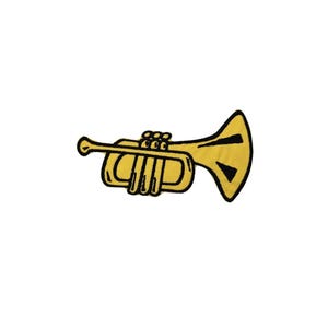 Könnte beinhalten: Eine goldene Trompete mit schwarzem Umriss. Die Trompete ist ein Musikinstrument.