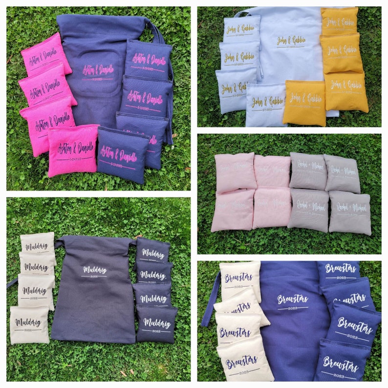 May include: A selection of personalised cornhole game sets and bags in shades of pink, navy, white, and gold. Each set is customised with names and dates, ideal for events and celebrations.