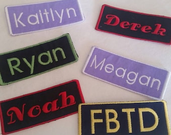 Custom Embroidered Name Patches 1 1/2 x 3 3/4 inches  Biker Tags  Iron On  Name Tag  Bookbag Tag Back to school