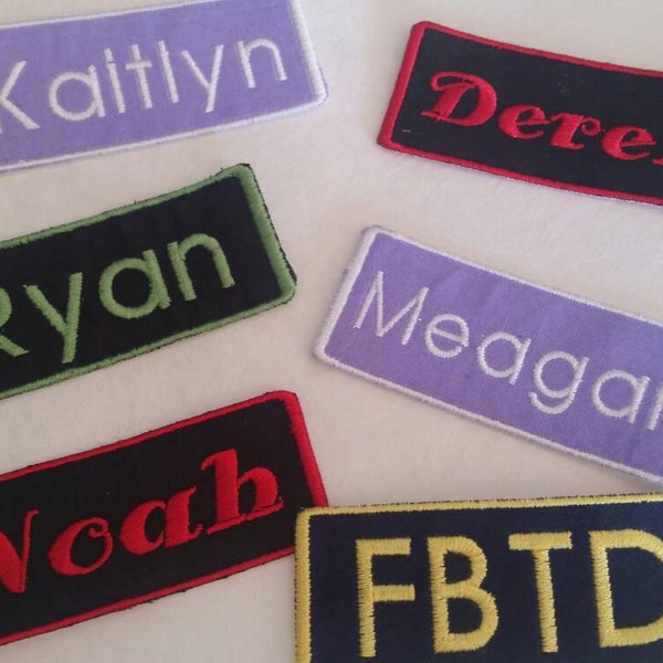 Custom Embroidered Name Patches 1 1/2 x 3 3/4 inches / Biker Tags / Iron On / Name Tag / Bookbag Tag