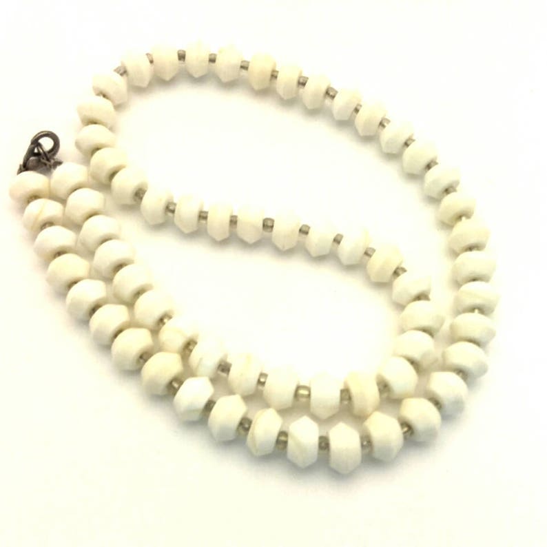 Vintage Beaded Women Necklace White Sponge Coral Silver Plated Toogle Clasp Long 18.5