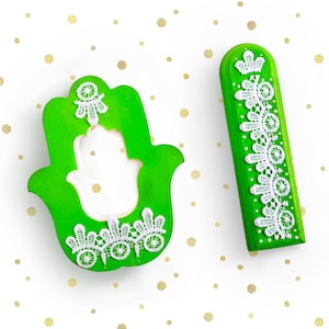 Lime green hamsa and mezuzah gift set jewish baby gift green hamsa baby shower gift idea children&#39;s room mezuzah