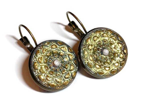 Gold and Pearl Mandala Czech Glass Button Earrings