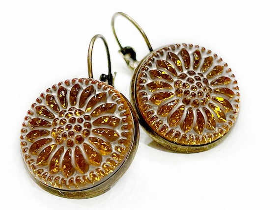 Yellow Daisy and Whitewash Czech Glass Button Earrings