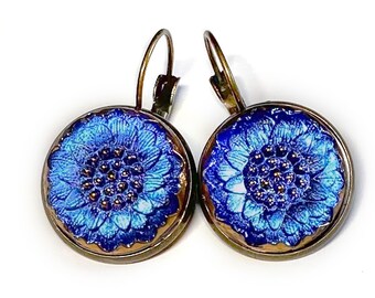 Medium Blue Daisy Czech Glass Button Earrings