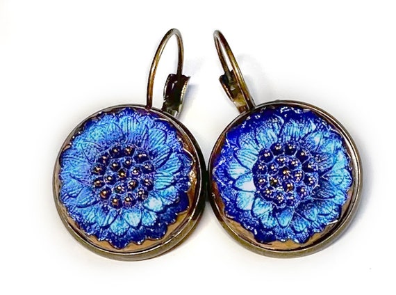 Medium Blue Daisy Czech Glass Button Earrings