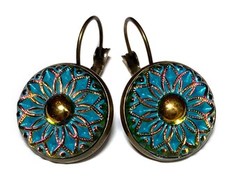 Blue-Green Daisy Czech Glass Button Earrings