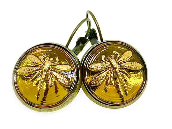 Amber Yellow Dragonfly Czech Glass Button Earrings