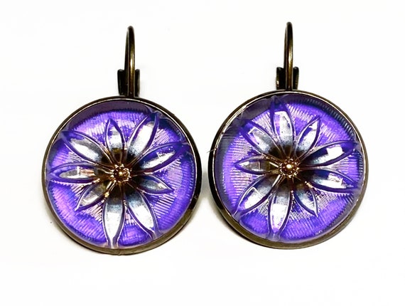 Purple Lotus Flower Czech Glass Button Earrings