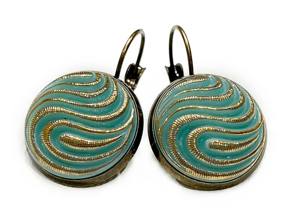 Sea Green Swirl Czech Glass Button Earrings