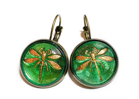 Green Dragonfly Czech Glass Button Earrings
