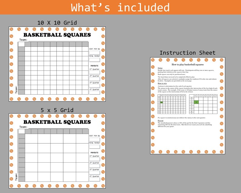 Basketball Squares Printable Grid Sports Pool College Ball - Etsy
