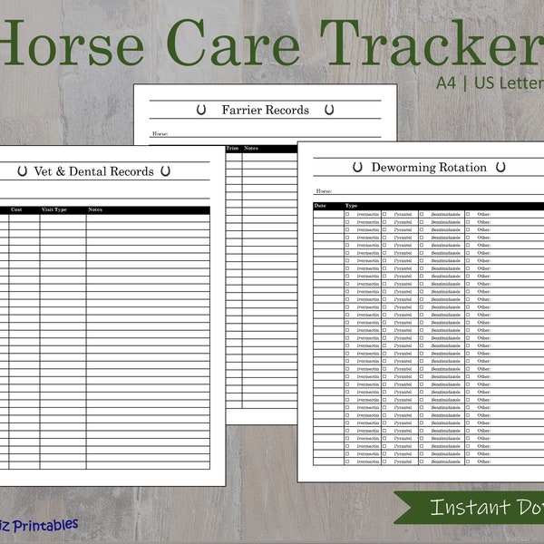 Horse healthcare tracker printable bundle, Equine health log, farrier vet dentist deworming records