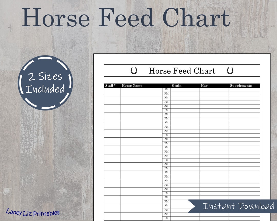 Horse Feed Chart Printable Template, Equine Feeding Schedule, Barn