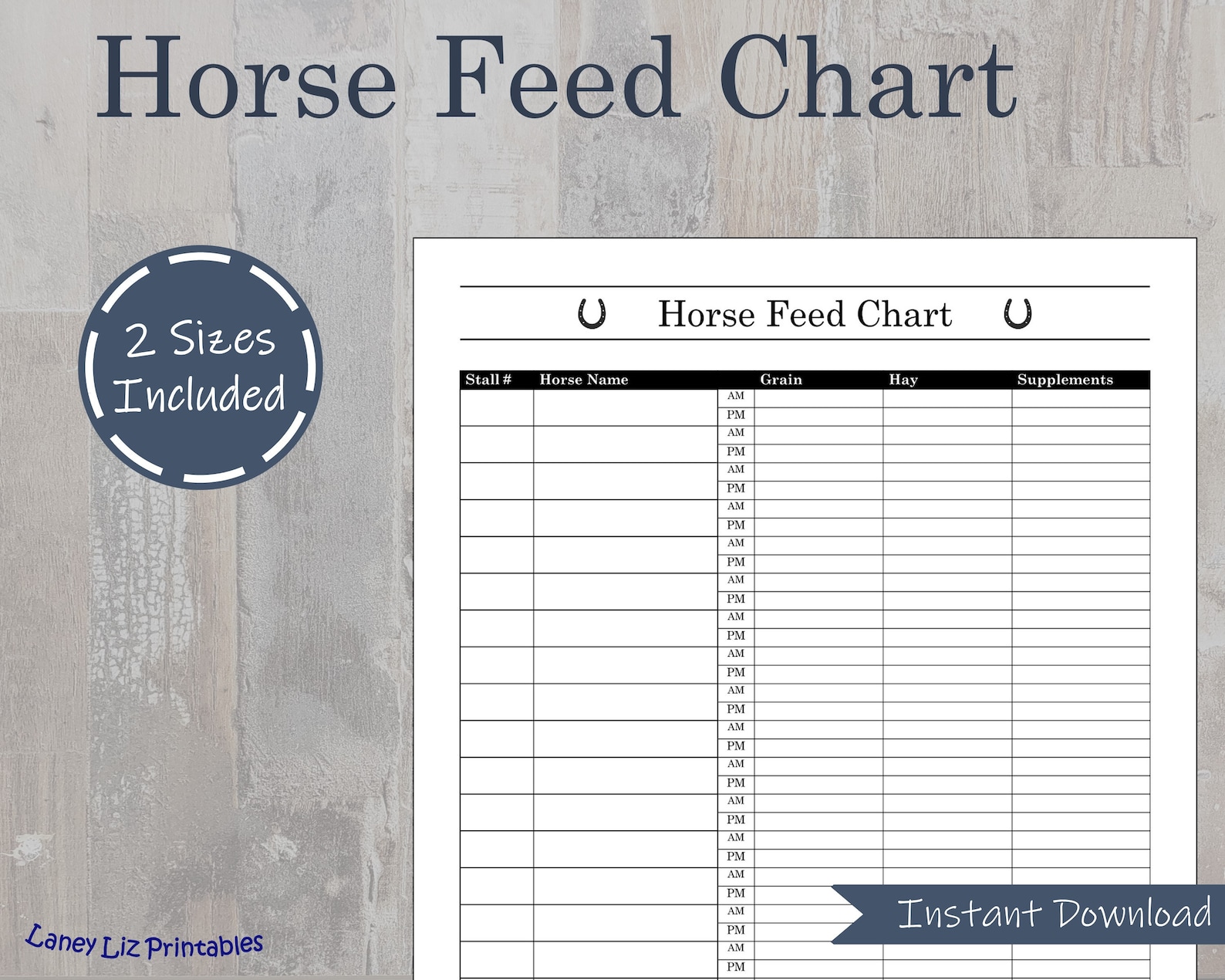Horse Feed Chart Printable Template, Equine Feeding Schedule, Barn